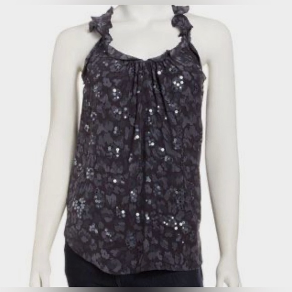 Rebecca Taylor 100% Silk Blue Leopard Blouse Sequin Applique Top